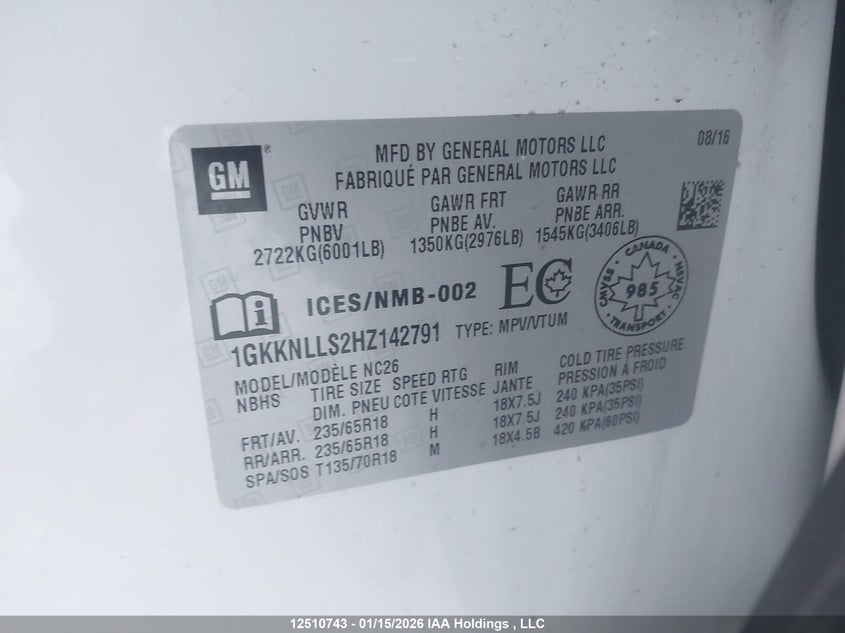 2017 GMC Acadia VIN: 1GKKNLLS2HZ142791 Lot: 12510743