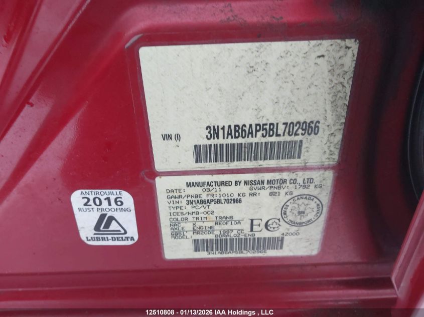 2011 Nissan Sentra 2.0/2.0S/Sr/2.0Sl VIN: 3N1AB6AP5BL702966 Lot: 12510808