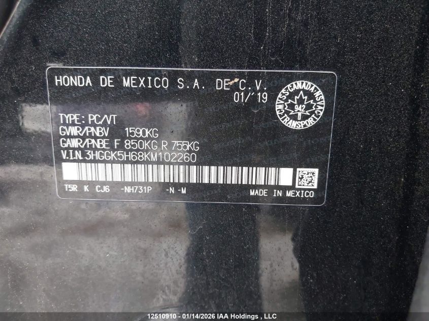 2019 Honda Fit Sport VIN: 3HGGK5H68KM102260 Lot: 12510910
