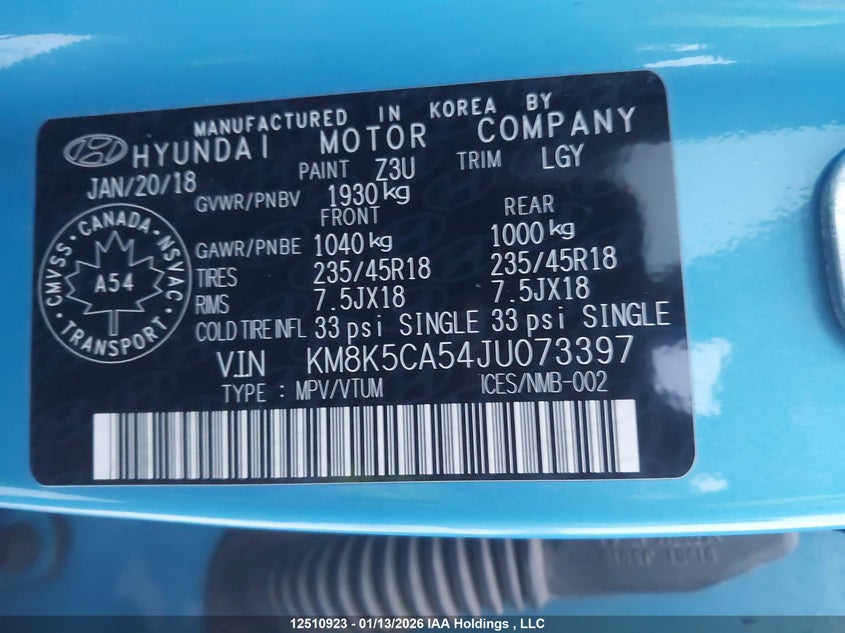 2018 Hyundai Kona 1.6T Ultimate VIN: KM8K5CA54JU073397 Lot: 12510923