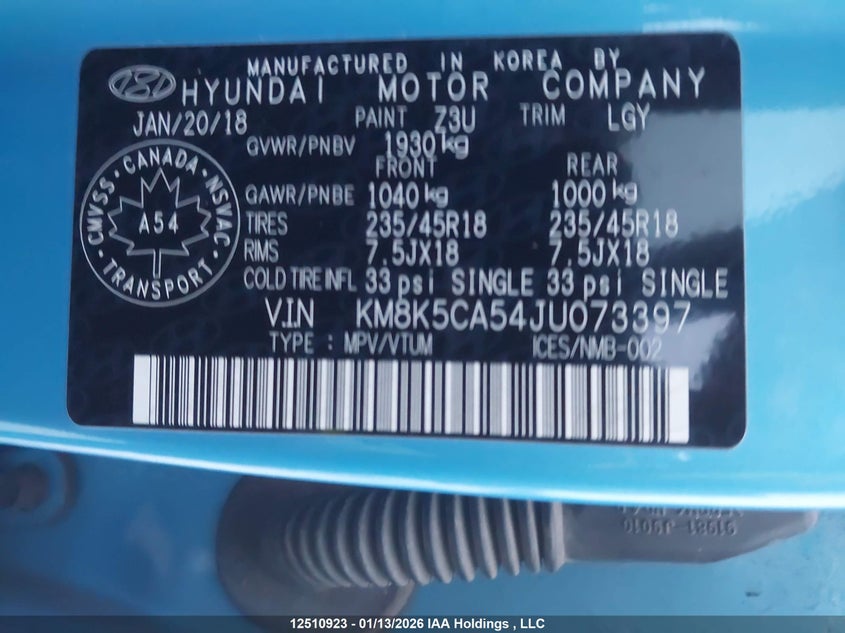 2018 Hyundai Kona 1.6T Ultimate VIN: KM8K5CA54JU073397 Lot: 12510923