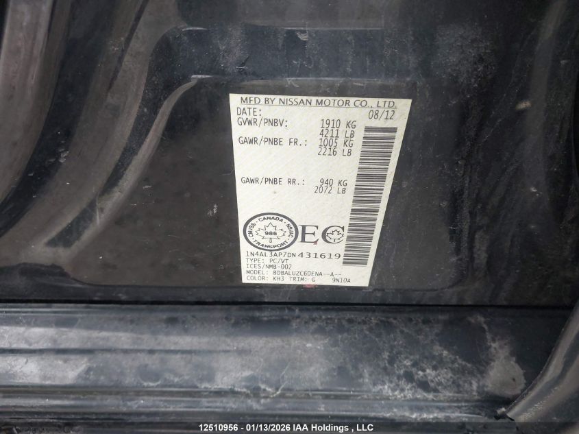 2013 Nissan Altima 2.5/S/Sv/Sl VIN: 1N4AL3AP7DN431619 Lot: 12510956