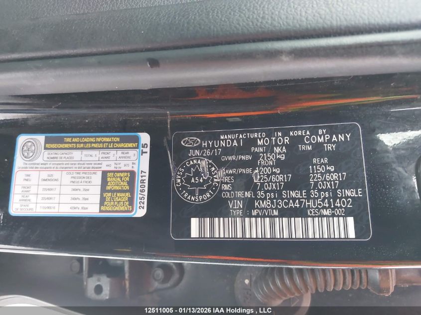 2017 Hyundai Tucson Limited/Sport And Eco/Se VIN: KM8J3CA47HU541402 Lot: 12511005