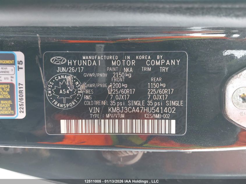 2017 Hyundai Tucson Limited/Sport And Eco/Se VIN: KM8J3CA47HU541402 Lot: 12511005