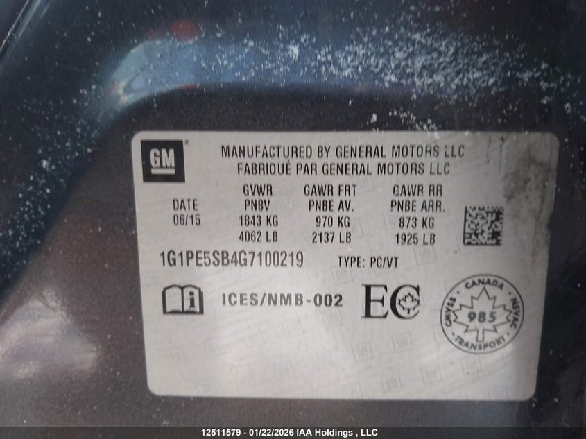 2016 Chevrolet Cruze Limited 1Lt VIN: 1G1PE5SB4G7100219 Lot: 12511579