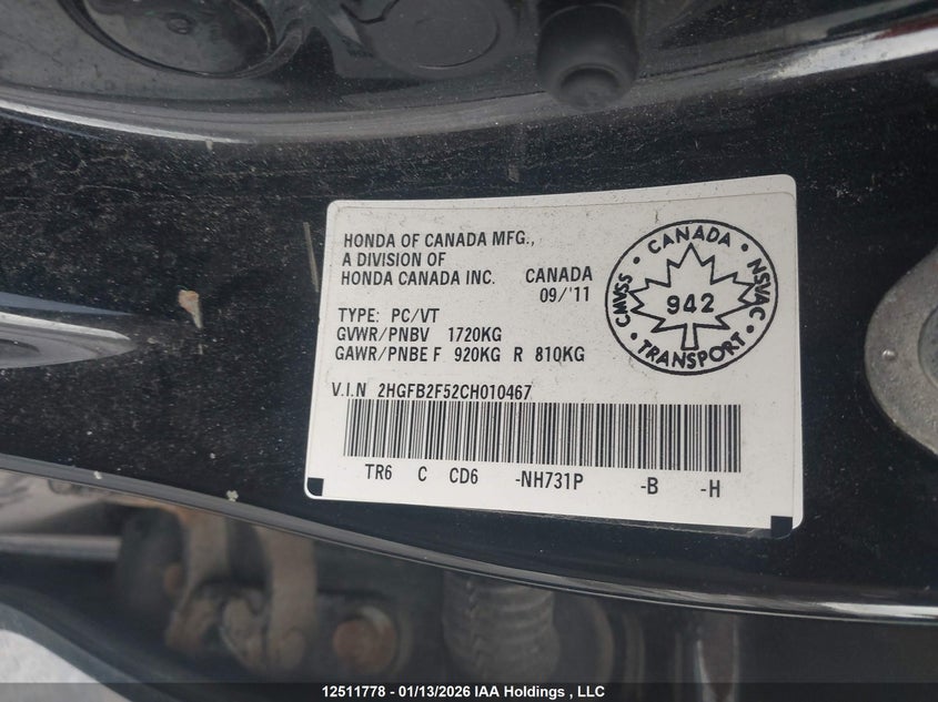 2HGFB2F52CH010467 2012 Honda Civic 1.8 Black