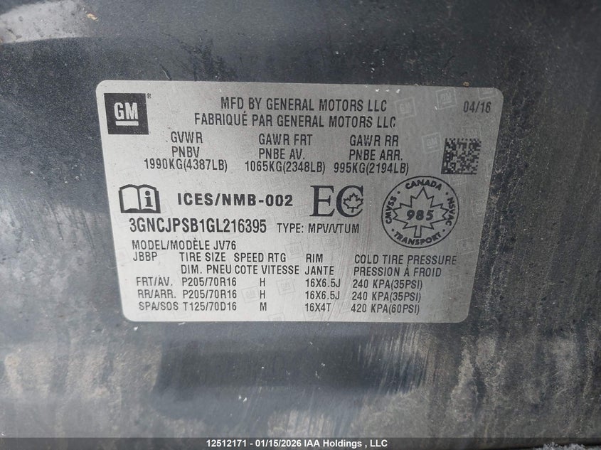 2016 Chevrolet Trax 1Lt VIN: 3GNCJPSB1GL216395 Lot: 12512171