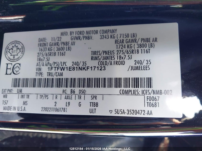 2022 Ford F150 Supercrew VIN: 1FTFW1E81NKF17123 Lot: 12512184