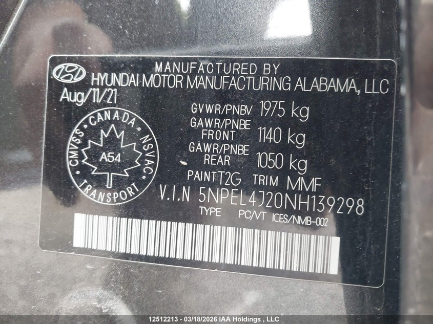 2022 Hyundai Sonata Luxury VIN: 5NPEL4J20NH139298 Lot: 12512213