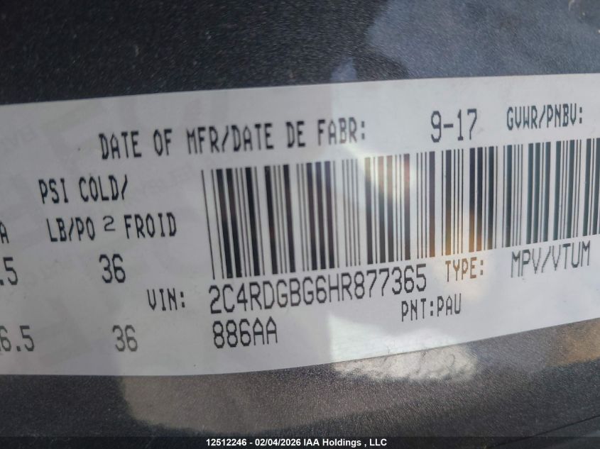 2017 Dodge Grand Caravan Cvp/Sxt VIN: 2C4RDGBG6HR877365 Lot: 12512246