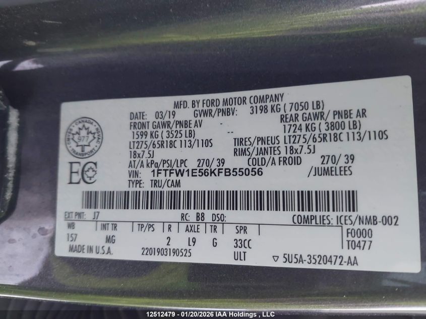 2019 Ford F150 Supercrew VIN: 1FTFW1E56KFB55056 Lot: 12512479