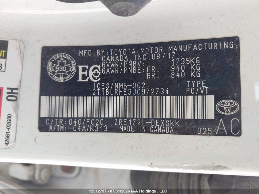 2018 TOYOTA COROLLA SEDAN 1.8L I4 FI DOHC 16V NF4