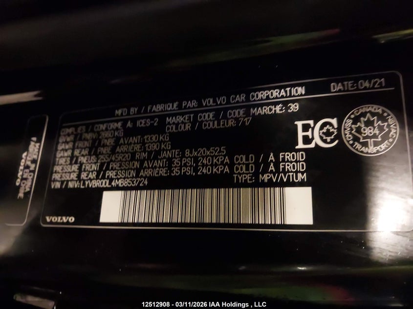 2021 Volvo Xc60 T8 Recharge Inscription VIN: LYVBR0DL4MB853724 Lot: 12512908