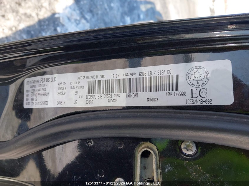 2018 Ram 1500 5.7 Slt Black Lot 111012513377 Vin 1C6RR7LT3JS170569