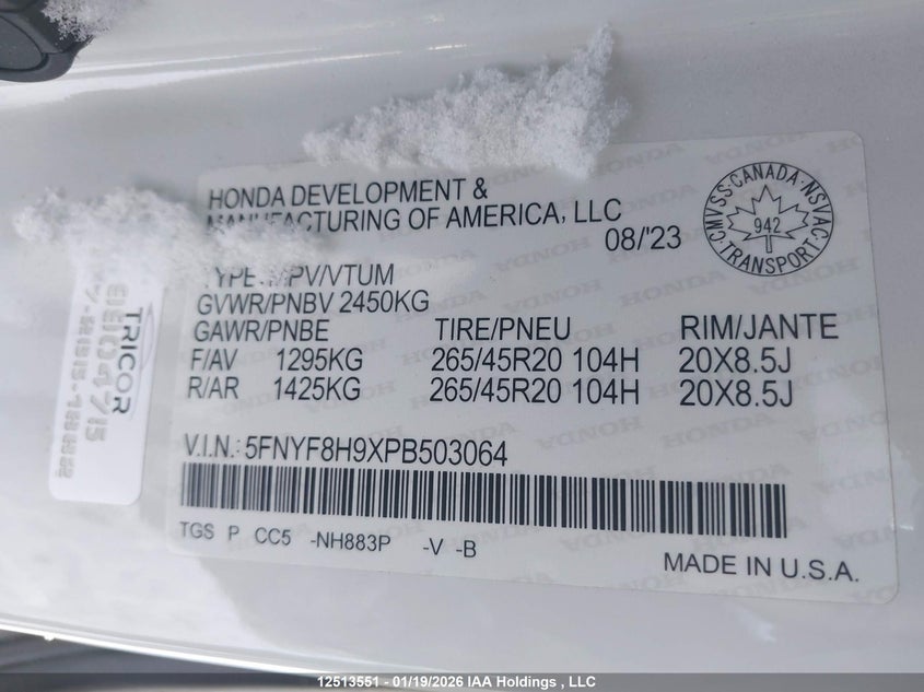 2023 Honda Passport Touring VIN: 5FNYF8H9XPB503064 Lot: 12513551
