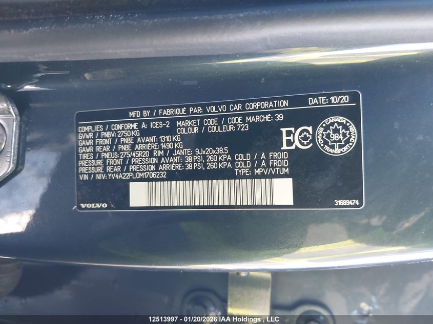 2021 Volvo Xc90 T6 Inscription VIN: YV4A22PL0M1706232 Lot: 12513997