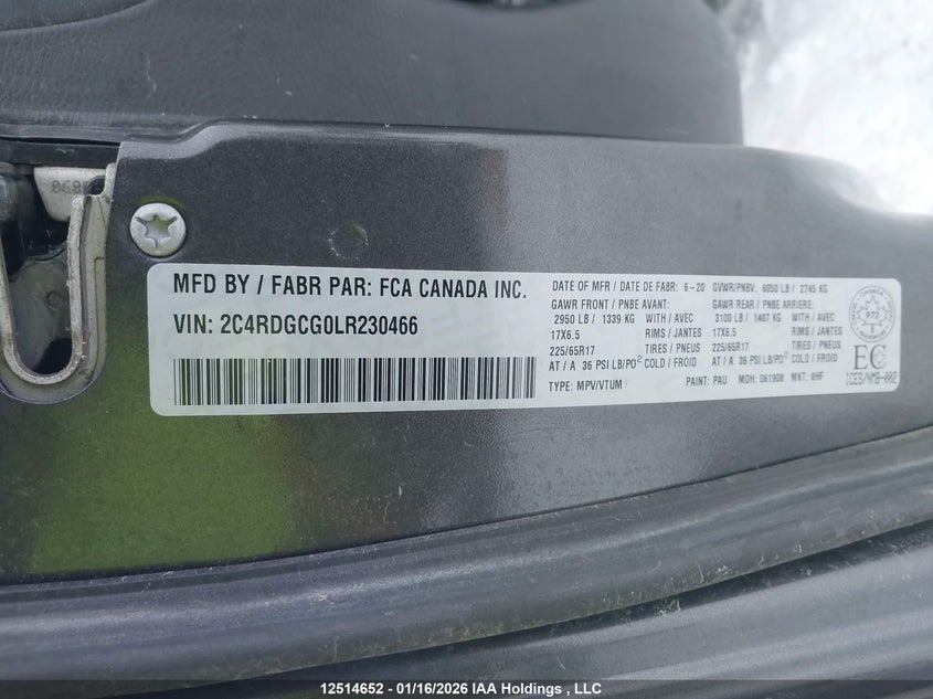 2020 Dodge Grand Caravan Sxt VIN: 2C4RDGCG0LR230466 Lot: 12514652