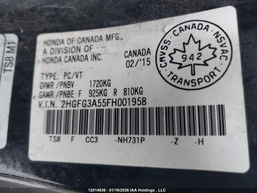 2015 Honda Civic VIN: 2HGFG3A55FH001958 Lot: 12514836