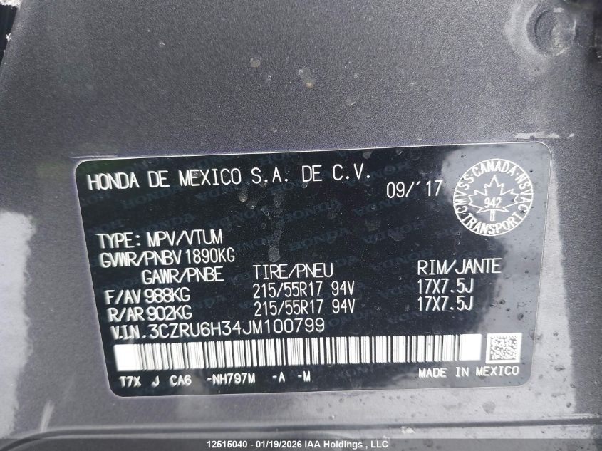 2018 Honda Hr-V Lx VIN: 3CZRU6H34JM100799 Lot: 12515040