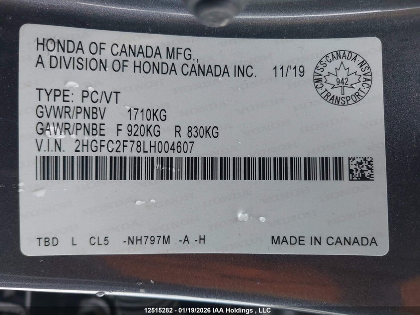 2020 Honda Civic VIN: 2HGFC2F78LH004607 Lot: 12515282