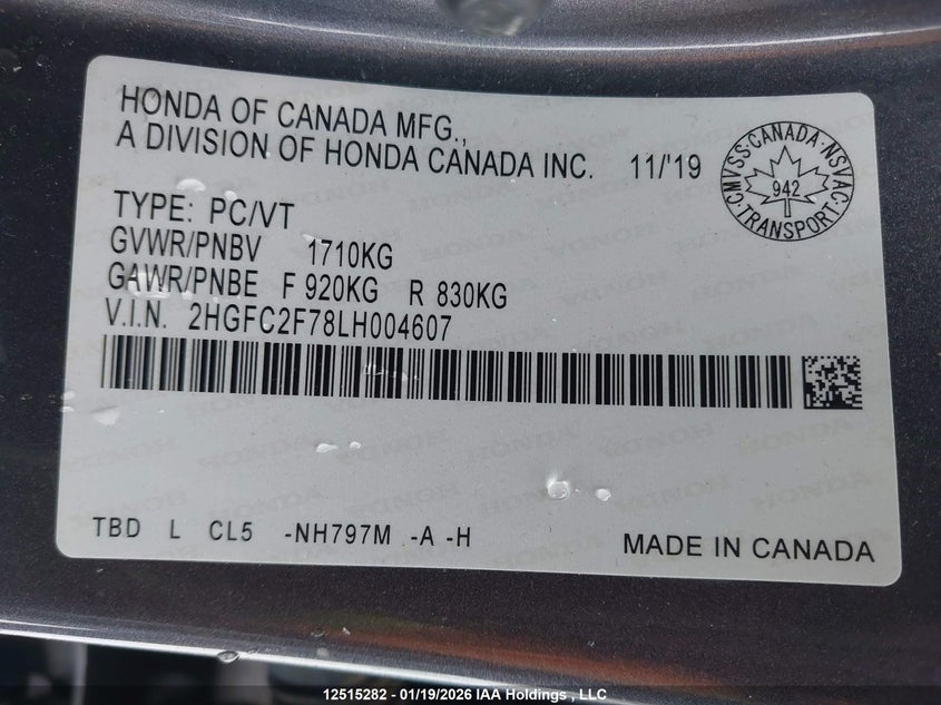 2020 Honda Civic VIN: 2HGFC2F78LH004607 Lot: 12515282
