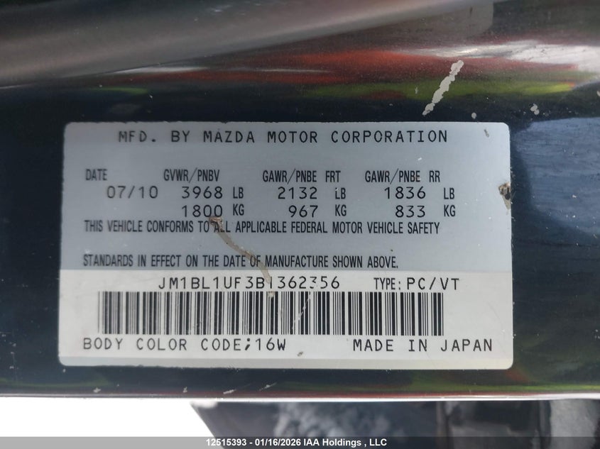 2011 Mazda 3 I VIN: JM1BL1UF3B1362356 Lot: 12515393