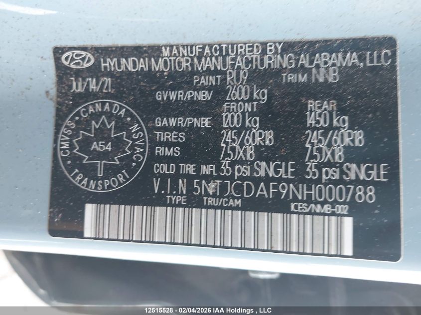 2022 Hyundai Santa Cruz Preferred Awd VIN: 5NTJCDAF9NH000788 Lot: 12515528