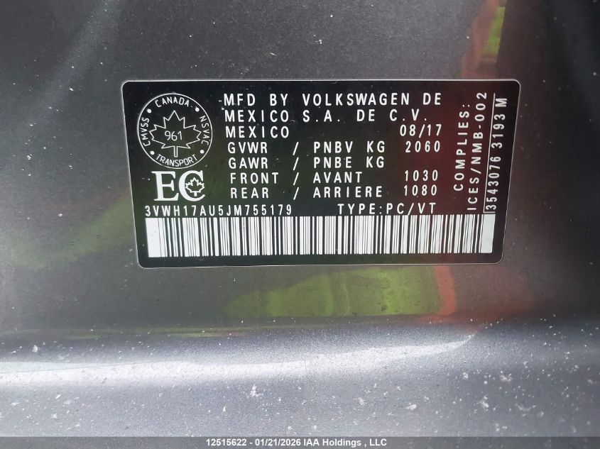 2018 Volkswagen Golf VIN: 3VWH17AU5JM755179 Lot: 12515622