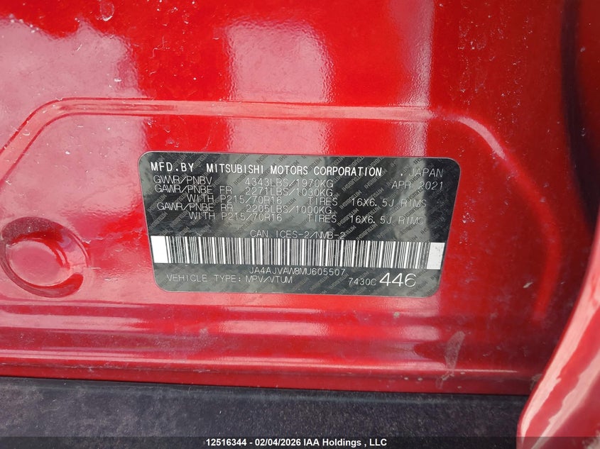 2021 Mitsubishi Rvr Gt/Le/Se/Sel VIN: JA4AJVAW8MU605507 Lot: 12516344