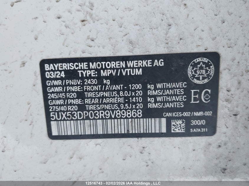 2024 BMW X3 xDrive30I VIN: 5UX53DP03R9V89868 Lot: 12516743