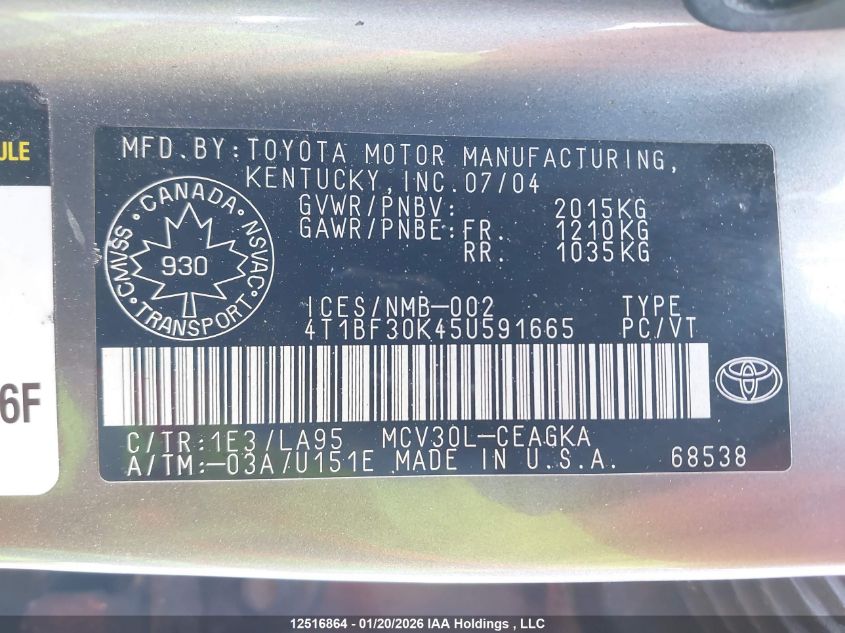 2005 Toyota Camry Le/Xle/Se VIN: 4T1BF30K45U591665 Lot: 12516864