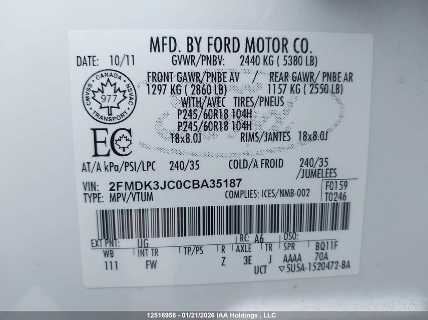 2012 Ford Edge Sel VIN: 2FMDK3JC0CBA35187 Lot: 12516958