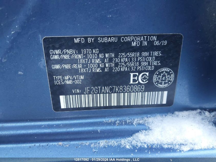 2019 Subaru Crosstrek Limited VIN: JF2GTANC7K8360869 Lot: 12517092