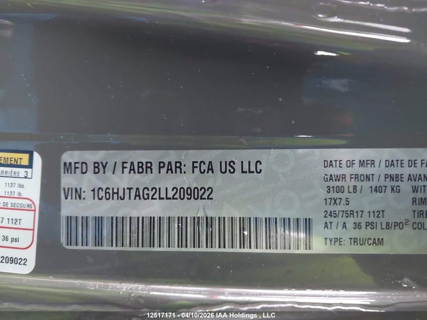 2020 Jeep Gladiator Sport VIN: 1C6HJTAG2LL209022 Lot: 12517171