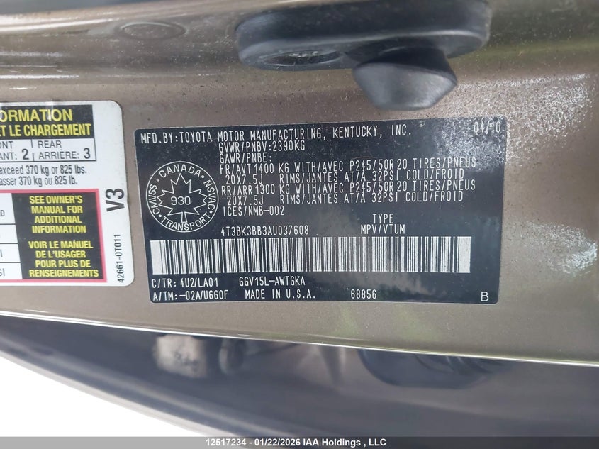 2010 Toyota Venza VIN: 4T3BK3BB3AU037608 Lot: 12517234