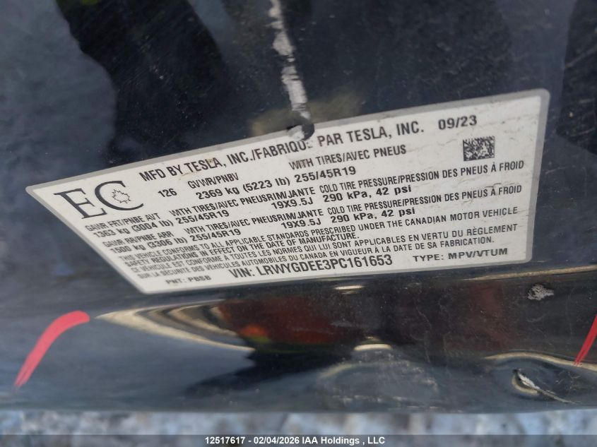 2023 Tesla Model Y VIN: LRWYGDEE3PC161653 Lot: 12517617