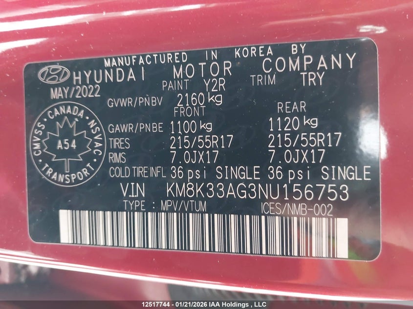 2022 Hyundai Kona Electric Ultimate VIN: KM8K33AG3NU156753 Lot: 12517744