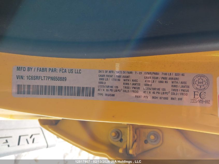 2023 Ram 1500 Rebel VIN: 1C6SRFLT7PN650889 Lot: 12517957