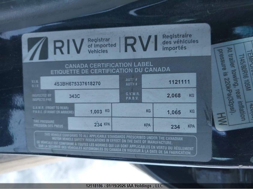 2003 Subaru Legacy Outback VIN: 4S3BH675337618270 Lot: 12518186