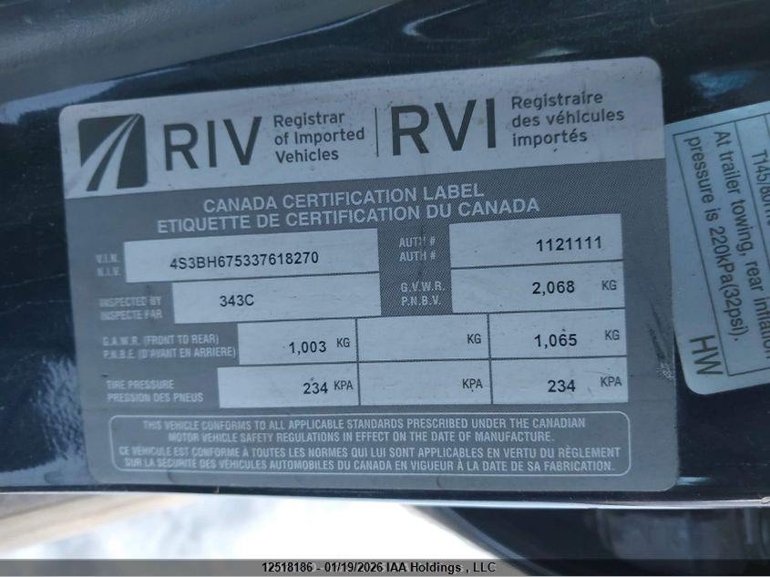 2003 Subaru Legacy Outback VIN: 4S3BH675337618270 Lot: 12518186