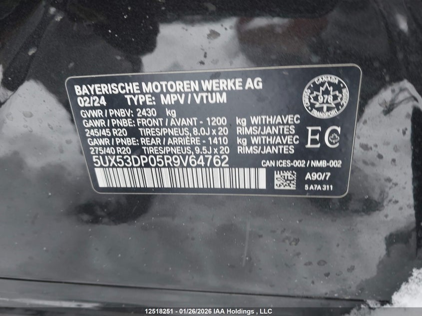 2024 BMW X3 xDrive30I VIN: 5UX53DP05R9V64762 Lot: 12518251