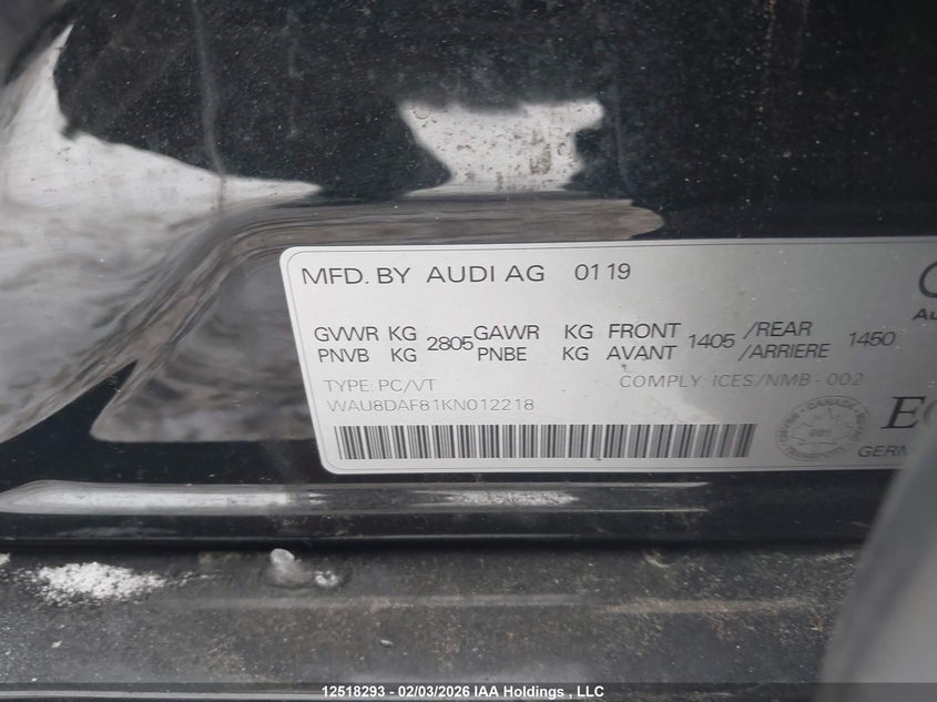 2019 Audi A8 L 55 VIN: WAU8DAF81KN012218 Lot: 12518293