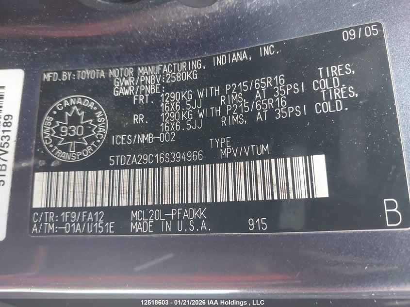 2006 Toyota Sienna Ce 7 Passenger/Ce 8 Passenger VIN: 5TDZA29C16S394966 Lot: 12518603