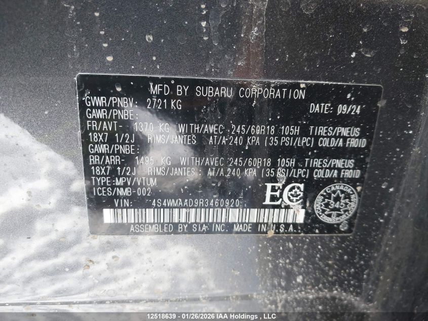 2024 Subaru Ascent Convenience VIN: 4S4WMAAD9R3460920 Lot: 12518639