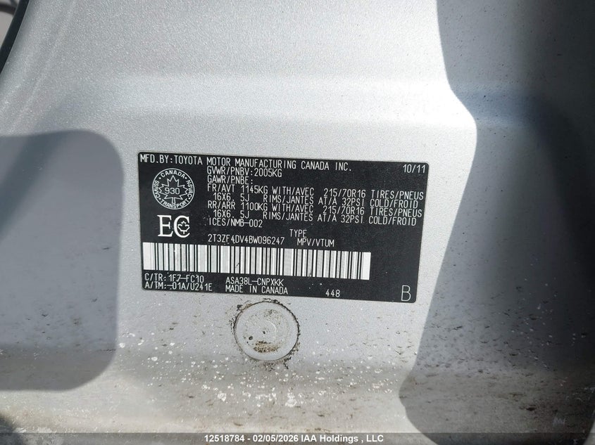 2011 Toyota Rav4 VIN: 2T3ZF4DV4BW096247 Lot: 12518784