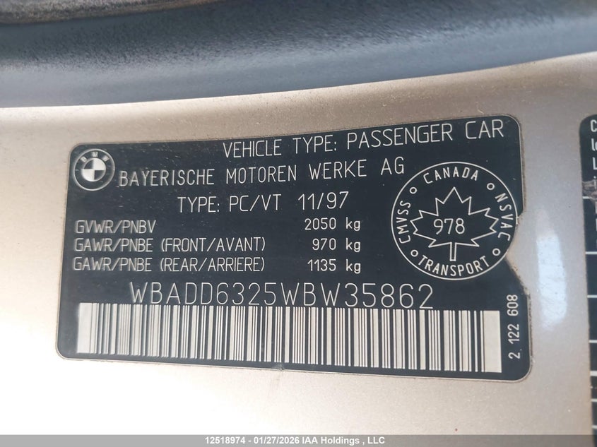 1998 BMW 528I VIN: WBADD6325WBW35862 Lot: 12518974