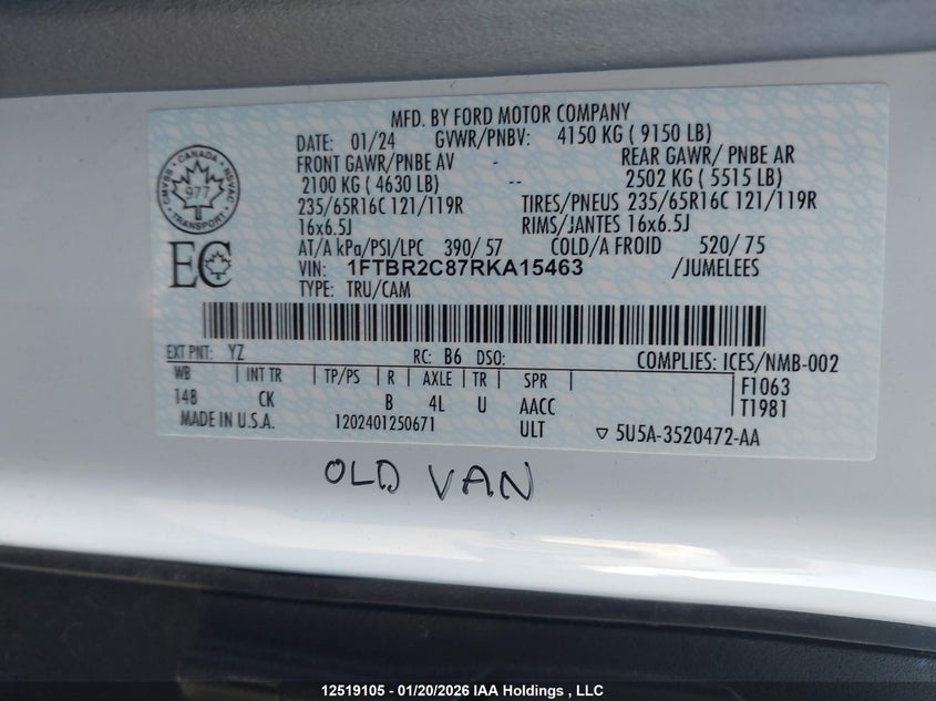 2024 FORD TRANSIT-250 CARGO VAN 3.5L V-6 DI, DOHC, VVT, 275HP