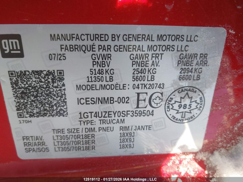 2025 GMC Sierra 2500Hd At4X VIN: 1GT4UZEY0SF359504 Lot: 12519112