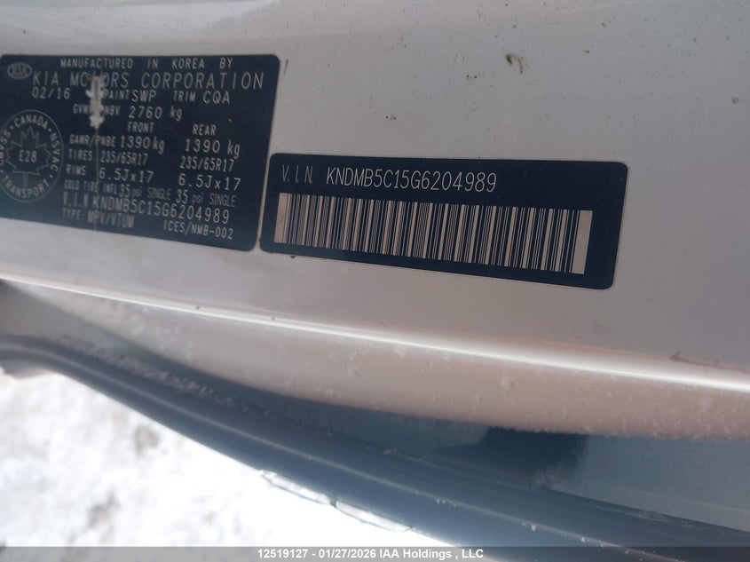 2016 Kia Sedona Lx VIN: KNDMB5C15G6204989 Lot: 12519127