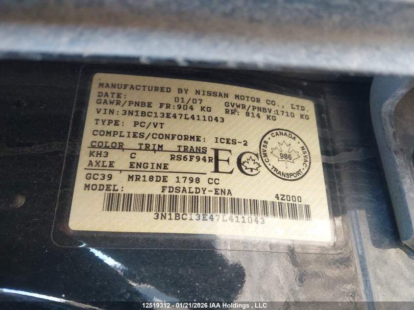 2007 Nissan Versa 1.8S VIN: 3N1BC13E47L411043 Lot: 12519312